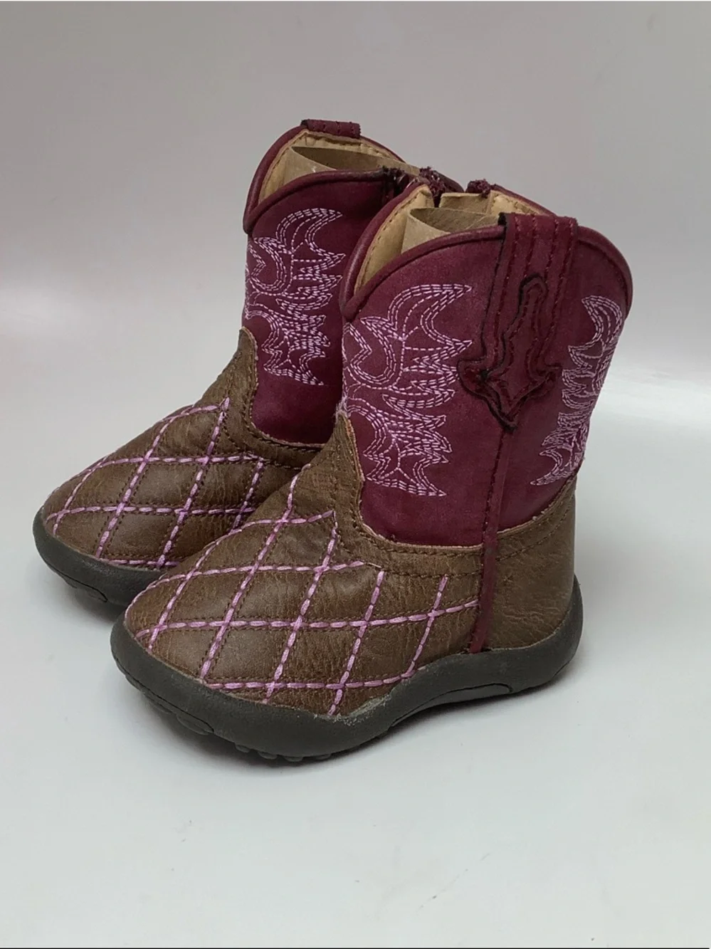 Roper Cowbabies Brown Burgundy Western-Style Boots Pink Stitching Baby Size 3